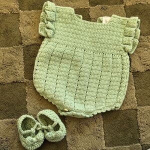 Handmade Green Crochet Baby Romper and Booties